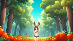 Girl, brown rabbit ears , brown rabbit tail, brown hair, open navel, forest, morning, carrot in hand, cow udder on girl