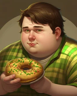 Portrait d'un jeune homme mangeant un grand donut, ultra obèse; cheveux bruns et teint blanc, porte une chemise à carreaux de couleur vert olive. HD portrait, Artstation