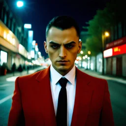 very grainy discolored photo, face portrait, up close, shot on a bad camera, empty night street, grunge, 2000s Russia, man in a nice red suit, extremely gaunt, haughty, perfect looking, striking features, face of a vampire, inhuman