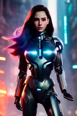 Futuristic cyborg, portrait from waist up, vibrant hair color, vibrant eye color, intricate eyeliner, vibrant eyeshadow, clear completion, soft lighting, 4k resolution, intricate details, insanely detailed, colorful cityscape background, masterpiece, expert, cinematic smooth, retroanime style, realistic details, no helmet