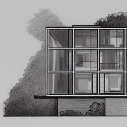 modern house section, night, luminescent windows, architectural drawing