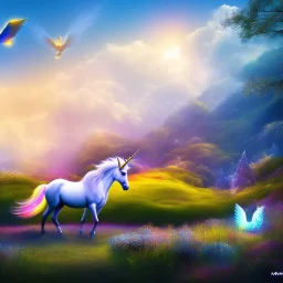  surreal illustration of a unicorn on luminous landscape, realistic, unicorn with glowing wings, glowing soft and smooth wings, shadow, highly detailed, intricate patterns on wings, soft studio lighting, smooth dark blue background 64k