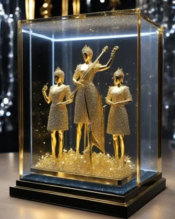 Luxury design of miniature music band group in a luxury glass display case, music band group and singer made of gold metal plate, metal craft with luminous diamond glitter, on the outside surface of luxury jewelry decoration very small diamond stones, very small abstract queen logo, 3D logo shape, musical notes, red diamond stones, black decoration, leaves and roses combined, emitting light, gold background