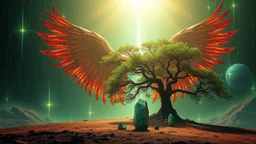 matrix universe, space, planets, god creation, angels from other dimensions with beautiful wings, trees on the planet, behind green crystals of light, few tiberium monolith deposits on the planet near tree,