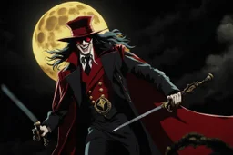 Still frame of Tom Hiddleston as Alucard from the live action "Hellsing" movie based on the anime of the same name. He is wearing his signature red hat and yellow glasses, while laughing in the moonlight.