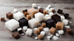 different types of sugar on the table, white, black, brown, cubes