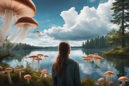 Photorealistic Photo Of A woman Looking Out Over A Lake With Mushrooms With Jellyfish Tentacles, Tall Narrow Cloud Trees In The Background