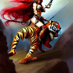 ultra detailed portrait of beautiful Red Sonja riding a Great tiger ,wearing plate armor, extremely detailed digital painting, in the style of Luis Royo and A.J. Manzanedo and Robert Howard and Earl Norem and fenghua zhong and ruan jia and jeremy lipking and peter mohrbacher, mystical colors, rim light, beautiful lighting, 8 k, stunning scene, raytracing, octane, trending on artstation