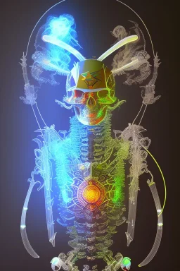 Futuristic Neon crystal skeleton samurai smoke glass fire