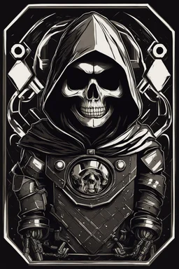 skull head on toy robot in a black hooded cloak drawn in a retro mascot style, inside a light diamond shape on a black background, monochromatic