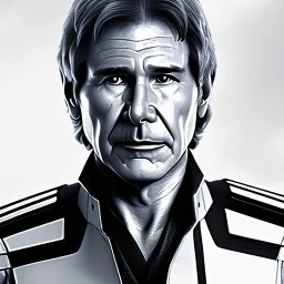 portrait of harrison ford as captain han solo, brown eyes, with realistic and extrem light facial skin, cinematic lighting, photorealistic, volumetric light and shadow, hyper HD, octane render, unreal engine, insanely detailed and intricate, hyper-realistic, space background, watercolour on white paper