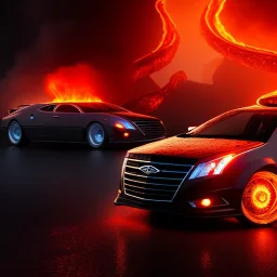 sweeping view of detailed phong shaded rendering of a car made of only molten lava, headlights, bumpers, whole car is lava