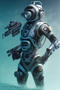 diver like a cyborg,with the gun,hi quality detail,hi quality textures,cinematic,realistic