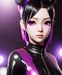 Detailed cute anime Kunoichi girl, purple hair buns, purple bangs, black latex bodysuit, intricate details, full body portrait, keep head in frame, slight smile, black Japanese motif, concept art, highly detailed, digital painting, concept art, sharp focus, illustration, art by Yoji Shinkawa, WLOP and greg rutkowski and alphonse mucha and artgerm and yanjun Chen and Junji ito and Makoto Shinkai, HDR, octane render