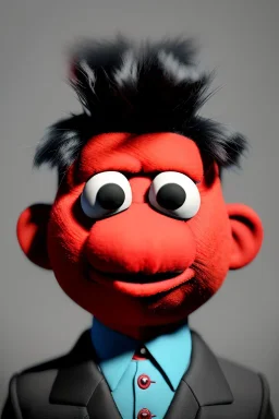 Waist up muppet Portrait, Kim Jong-un muppet doll, black suit, photo studio, red background, unreal engine 5, concept art, art station, god lights, ray tracing, RTX, lumen lighting, ultra detail, volumetric lighting, 3d.