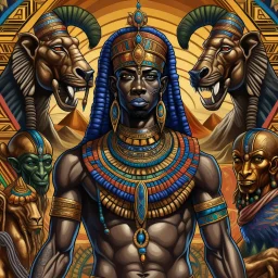 Create an image reflecting the African depiction of God, in Egyptian way, drawing inspiration from various African cultures and beliefs. This portrayal may include elements such as a majestic figure with dark skin, adorned in traditional African attire or regalia symbolizing power and authority. Incorporate significant symbols such as tribal markings, sacred animals like lions or elephants, and motifs representing creation, wisdom, and spirituality. The background could feature a sweeping Africa