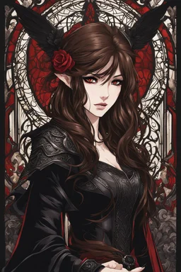 A confident looking young woman with pale skin and long brown hair in a dark fantasy setting with intricate details. She is wearing black and read leather, has red eyes, an air of malevolent power surrounds her. Anime style. High definition.