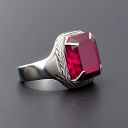 ruby signet ring with braided tungsten and titanium, engraved carved band, brushed steel, men's jewellery