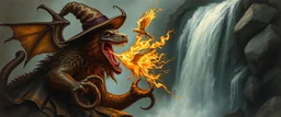 octopus bird witch bear dragon waterfall looks beyond really powerful slapping a bird in the face with fire, fantasy illustration, in the style of Rembrandt