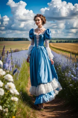 fullbody girl makeup wearing a victorian dress walking in country side ,flowers ,pretty clouds in blue sky