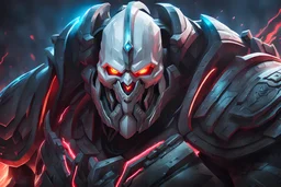 Huge Sion 8k sci-art drawing style, white ghoul, Jaw iron, big muscles, huge hatchet, league of legends them, neon effect, apocalypse, intricate details, highly detailed, high details, detailed portrait, masterpiece,ultra detailed, ultra quality