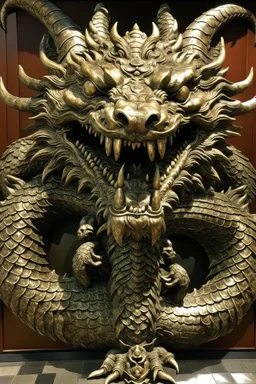 A three-headed dragon. The head on the left is the head of a lion, the head in the middle is the head of a man, and the head on the right is the head of a bull