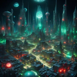 highly detailed space city in space , green red and blue light bulbs , luminescent , 35 mm focal length