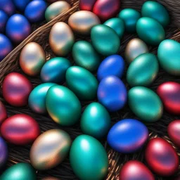 digital photograph of off-center modern basket colorful Easter eggs. eggs display intricate textures in azure, emerald, blush,red, crimson,gold, sapphire,metallic cinematic HDR backlighting highlights subtle dimples and glossy reflections, with shallow depth of field softening the sunlit background. hyperrealistic 8k resolution,