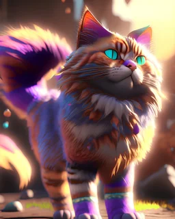 Stunning 3D video game style cat, realistic fur, vibrant colors, dynamic pose, epic background, Unreal Engine, Pixar, key art, high resolution, point lighting, midday sun, Canon EOS R5, cat, 3D, video game style, realistic, vibrant colors, dynamic pose, Unreal Engine, high resolution, point lighting, midday sun, Canon EOS R5.