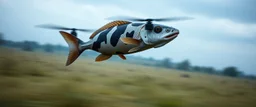 spy fish with hi speed rc drone cow, motion blur, through fields