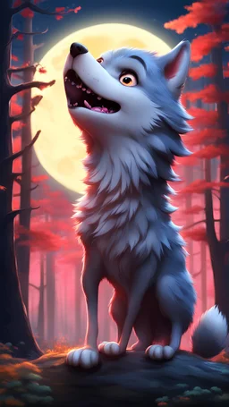 Kawaii, Cartoon,Baby Wolf, bully, All Body howling at the Moon, Horror lighting with red, yellow pink and blue colors, in the night forest, Caricature, Realism, Beautiful, Delicate Shades, Lights, Intricate, CGI, Botanical Art, Animal Art, Art Decoration, Realism, 4K , Detailed drawing, Depth of field, Digital painting, Computer graphics, Raw photo, HDR