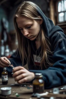 a dirty girl using a needle in her arm. drugs. beer bottles. slum