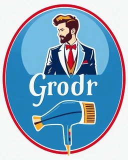 A circular logo with a groom vector in a suit at the top of the logo and a hair dryer vector logo at the bottom in a blue, red, white, and gold color theme.