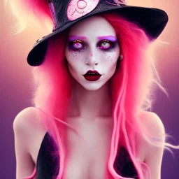 Beautiful pink witch made of fire with red eyes. Long curly wild pastel pink hair. Pink and red eyeshadow. Red lipstick. Freckles. Big pink witch hat.