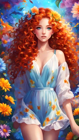 pretty anime girl with bright ginger curly hair in romper dress, glowing blue eyes, surrounded by colorful flowers, fantasy, digital painting, vivid colors, vibrant colors, colorful