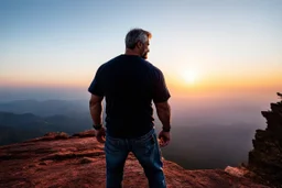 a brawny man with grey hair views sunset from a cliff
