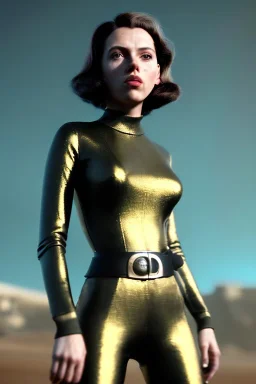 retro sci-fi portrait image from 1960, supermarket parking explosion, long hair, young Scarlett Johansson, classic black tight lycra suit, gold bracelet and belt, soft color, highly detailed, unreal engine 5, ray tracing, RTX, lumen lighting, ultra detail, volumetric lighting, 3d, finely drawn, high definition, high resolution.