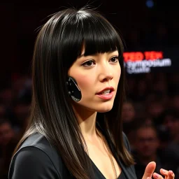 English female with straight dark hair and bangs with a Vestigial synthetic mechanical full face implant with ersatz multi-modal gadget facial appendages giving a speech, absurd psychology, metaphoric situational photograph, background is a TED talk symposium with crowd,