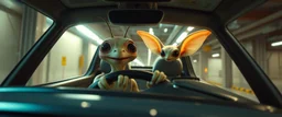 car driving happy 2d insect anime fluffy slimy alien sloth gremlin woman in the style of Escher and Giger and Fallout 4, pinhole cam, airbrush 3d rendering, on tv screen:A five-second cinematic single take in a clean industrial presentation hall.