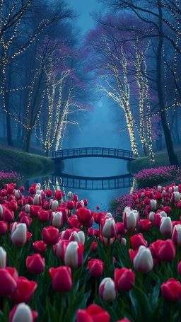 A bridge on a lake with white tulip growing in colored rose forest, trees, flowers, fairy lights, night, 8k, high quality, trending art, trending on artstation, sharp focus, studio photo, intricate details, highly detailed, by greg rutkowski