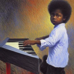 African American baby boy musician with black piano modern art by monet