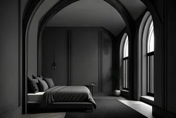 arched ceiling dark grey minimalistic bedroom