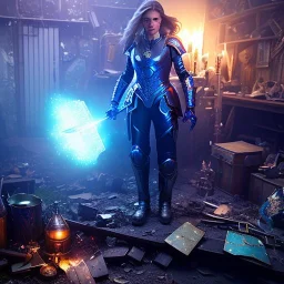 dark and gloomy full body 8k unity render, female teen cyborg, Blue yonder hair, wearing broken battle armor, at cluttered and messy shack , action shot, tattered torn shirt, porcelain cracked skin, skin pores, detailed intricate iris, very dark lighting, heavy shadows, detailed, detailed face, (vibrant, photo realistic, realistic, dramatic, dark, sharp focus, 8k)