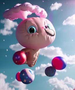 Ultra realistic clouds sky scene, wide angle, sweet childs falling down, inflatable color clothing, free jumping flying, many trinkets, monster hair, hair monster, many jelly beans, balls, smile, happy, circus style, extreme, wind, clouds sea, 20,000 feet altitude, stratosphere, soft color, highly detailed, unreal engine 5, ray tracing, RTX, lumen lighting, ultra detail, volumetric lighting, 3d, finely drawn, high definition, high resolution.