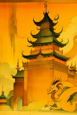 A golden yellow temple with a mythical dragon painted by Lyonel Charles Feininger