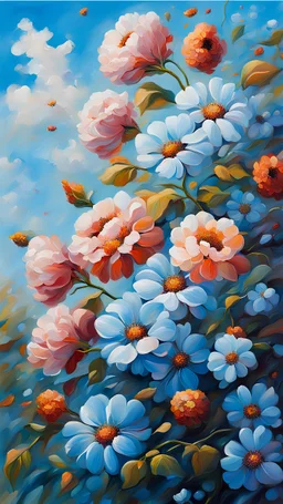 beautiful flowers, love, romance, good day, blue sky, aesthetic, oil painting