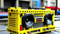ghetto blaster made of lego bricks, many woofers and tweeters visible