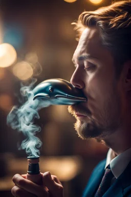 some dude smoking a pipe that looks like a dolphin smoking a pipe, bokeh, downlight, prize winning, depth of field, in the style of ivo caprino, backlight, aura