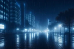 A city in the future is at night and it's raining and it's foggy.