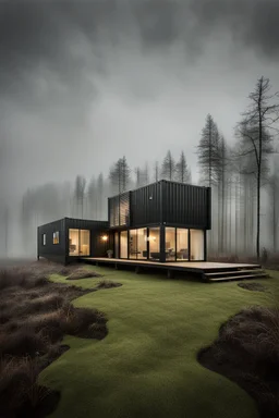 Modern style container home surrounded by a foggy bog. Photograph.